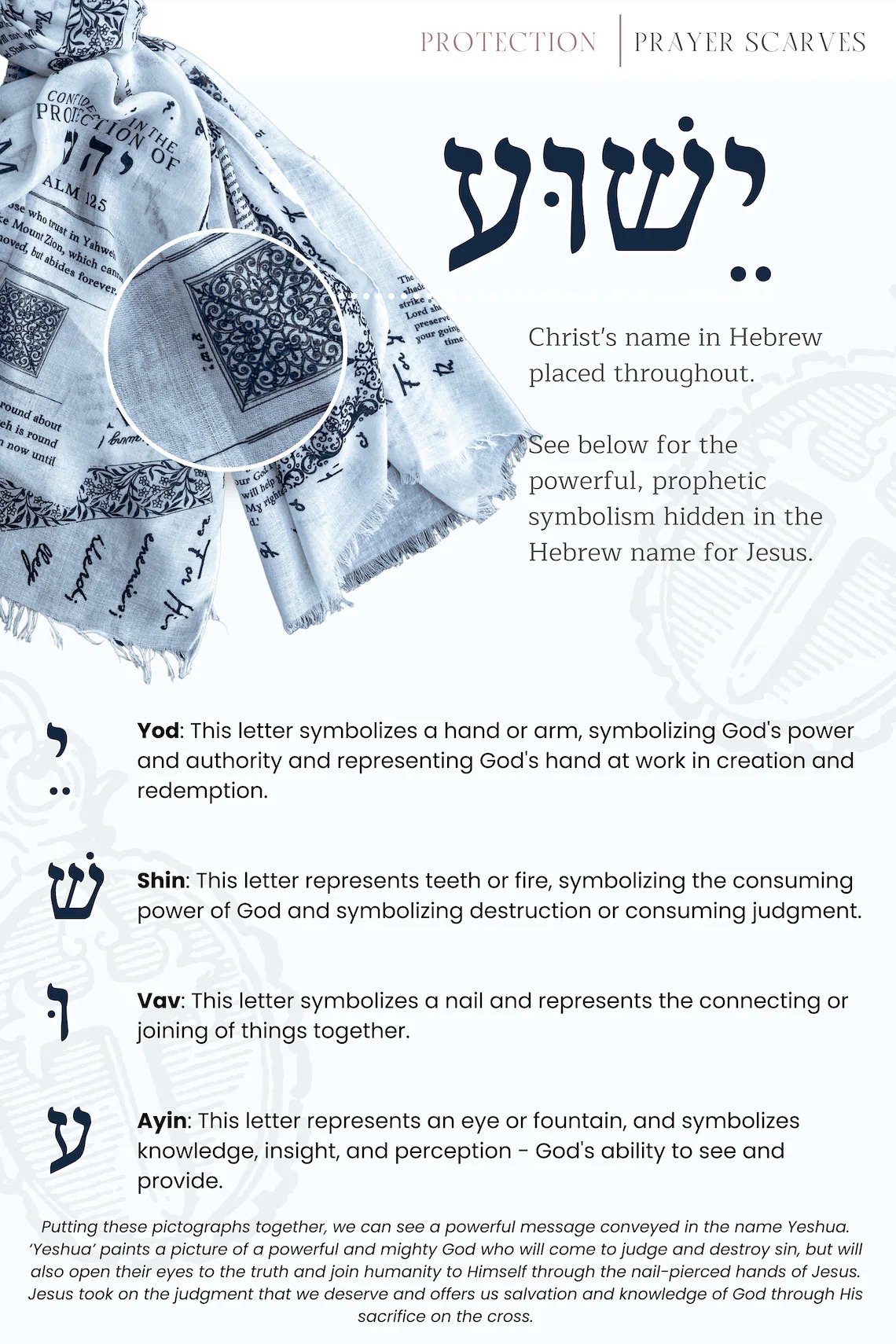 A detailed view of the Protection Scarf featuring Christ's Hebrew name, "Yeshua," with its symbolic meaning. Includes Psalm 125 and intricate patterns, offering a profound representation of God's promises, perfect for prayer or gifting.