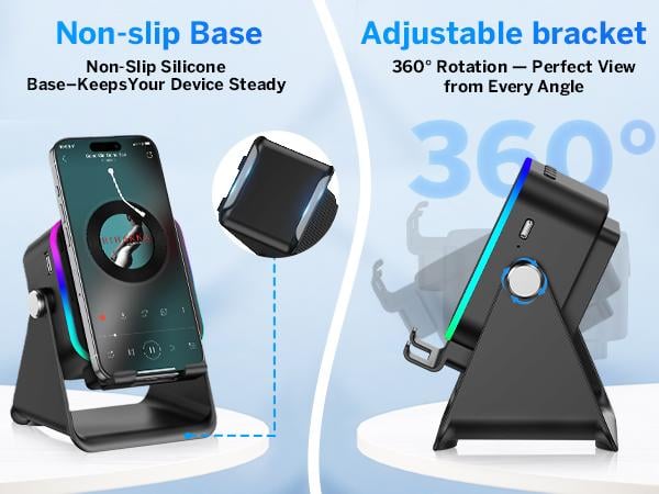 Wireless Induction Audio Speaker Stand, 5in1 Cellphone Holder, 3500mAh Rechargeable Emergency Power Bank,360&deg; Adjustable Mobile Tablet Stand with Colorful Ambient Light Gifts for Men Women