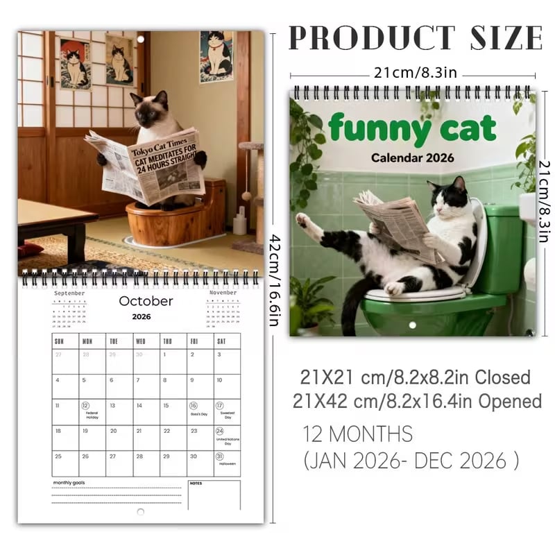 2026 Funny Cat Calendar - 12-Month Wall Calendar with Hanging Hole, Cute Toilet Cat Design, Perfect Gift for Cat Lovers, Office & Home Decor, Home Decoration, Playful Design, Durable Paper