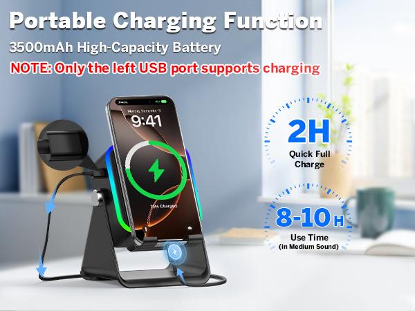 Wireless Induction Audio Speaker Stand, 5in1 Cellphone Holder, 3500mAh Rechargeable Emergency Power Bank,360&deg; Adjustable Mobile Tablet Stand with Colorful Ambient Light Gifts for Men Women