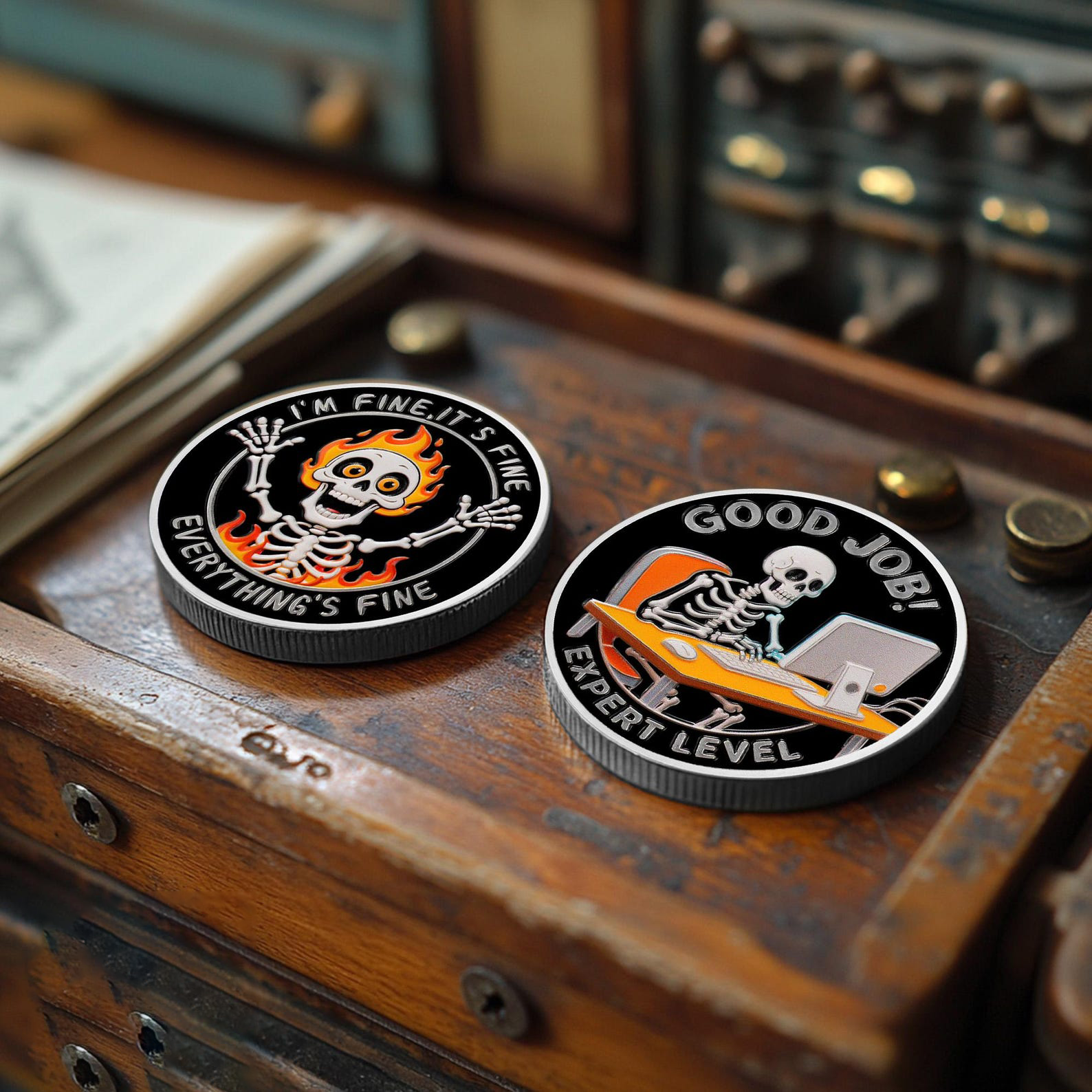 Everything is Fine" Motivational Challenge Coin | Funny Desk Fidget Toy for Stress Relief