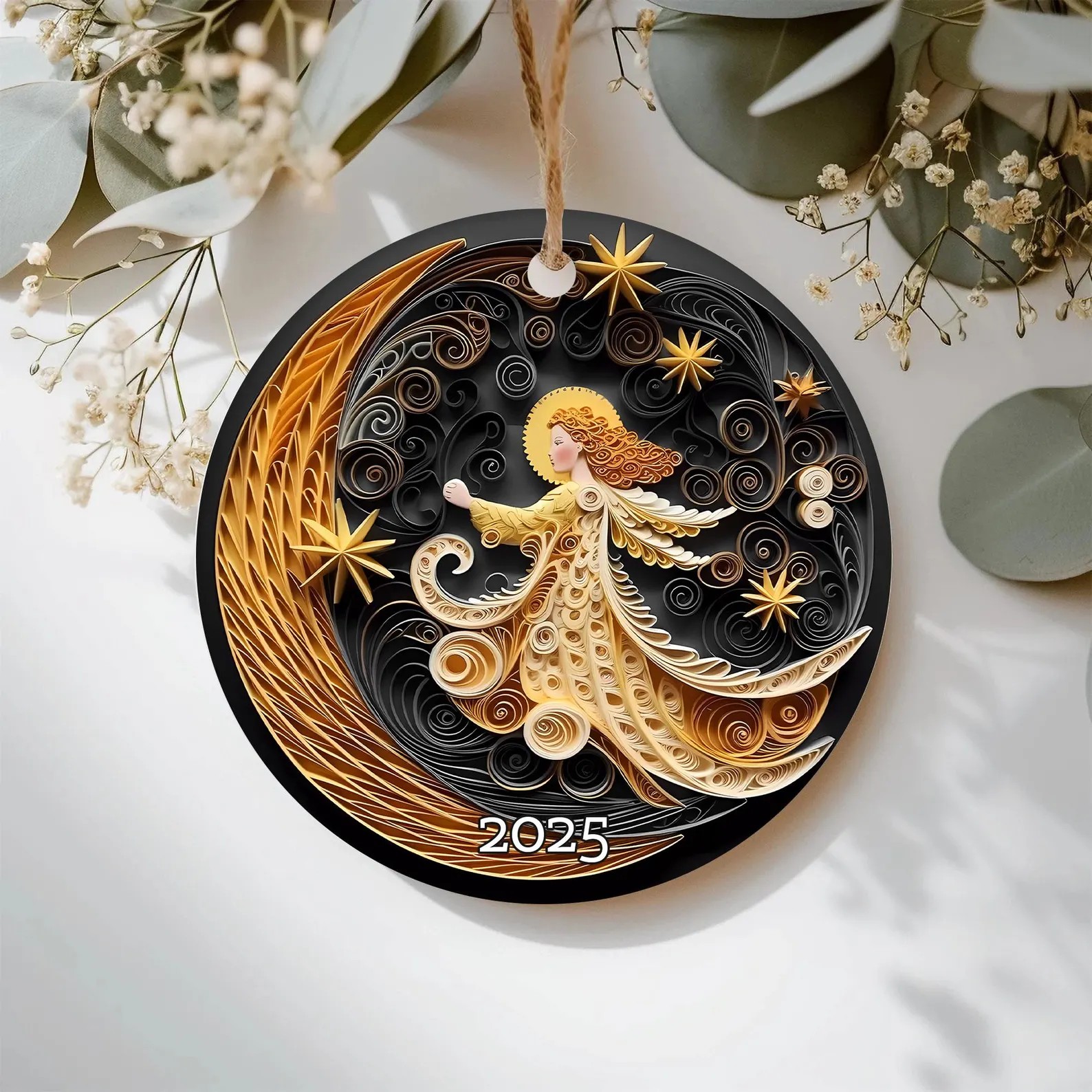 🌙Angel Girl & Moon Plane 3D Effect Christmas Ornament✨