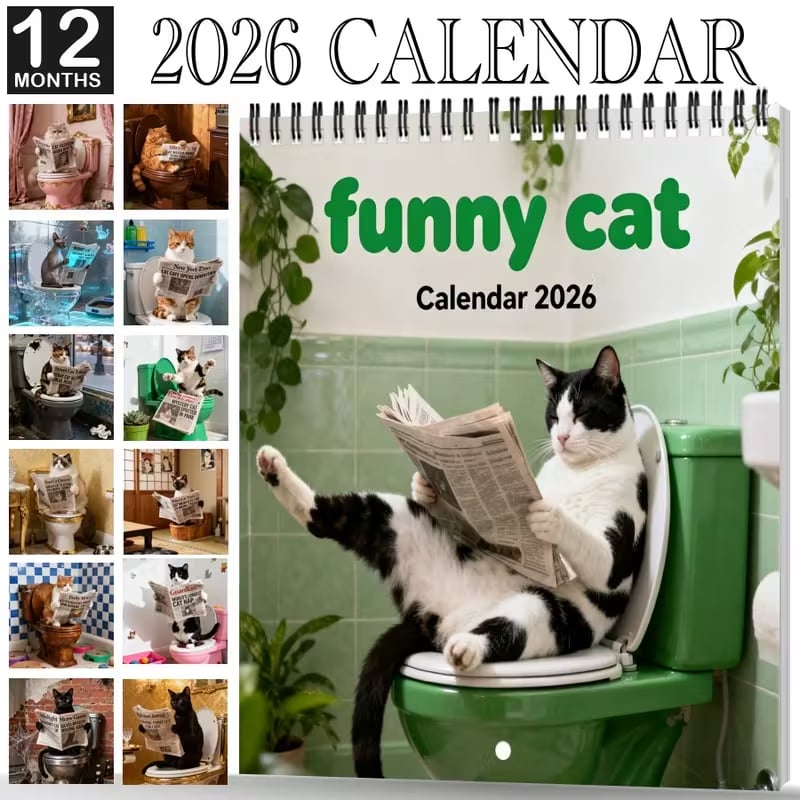 2026 Funny Cat Calendar - 12-Month Wall Calendar with Hanging Hole, Cute Toilet Cat Design, Perfect Gift for Cat Lovers, Office & Home Decor, Home Decoration, Playful Design, Durable Paper