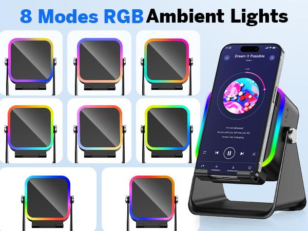 Wireless Induction Audio Speaker Stand, 5in1 Cellphone Holder, 3500mAh Rechargeable Emergency Power Bank,360&deg; Adjustable Mobile Tablet Stand with Colorful Ambient Light Gifts for Men Women