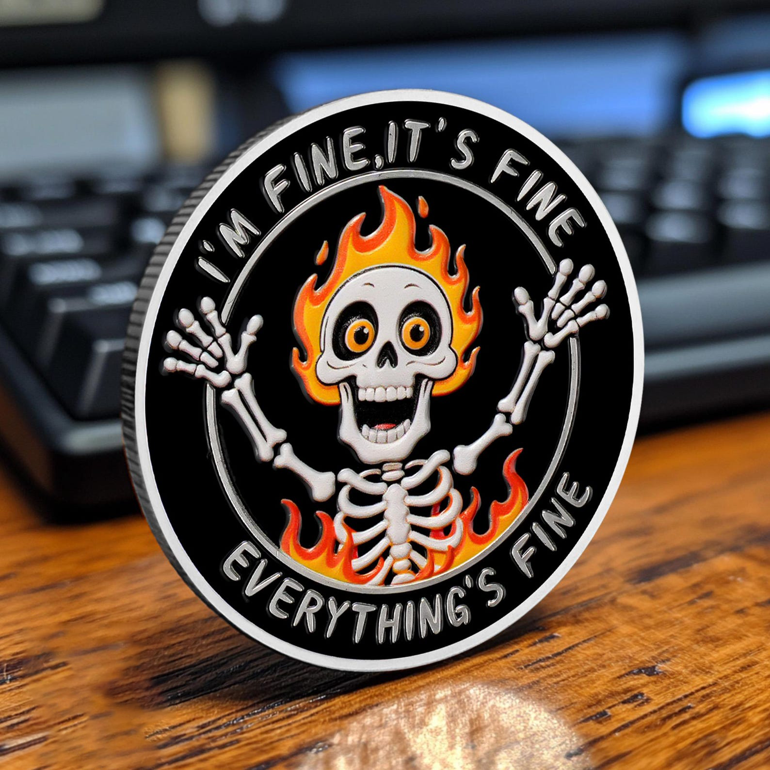 Everything is Fine" Motivational Challenge Coin | Funny Desk Fidget Toy for Stress Relief