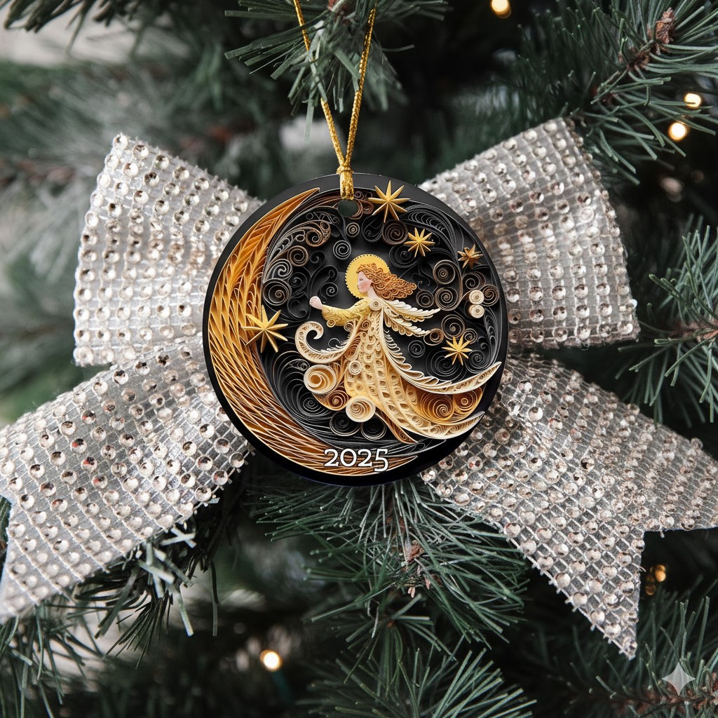 🌙Angel Girl & Moon Plane 3D Effect Christmas Ornament✨