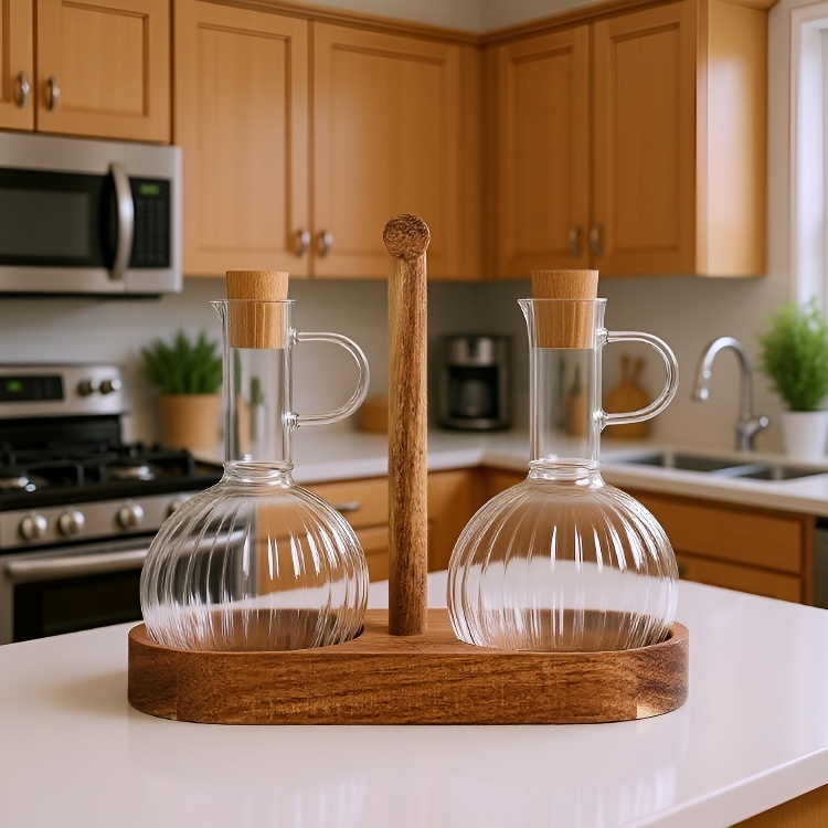 Sticlă pentru sosuri și oțet, accesorii de bucătărie, design cu striații