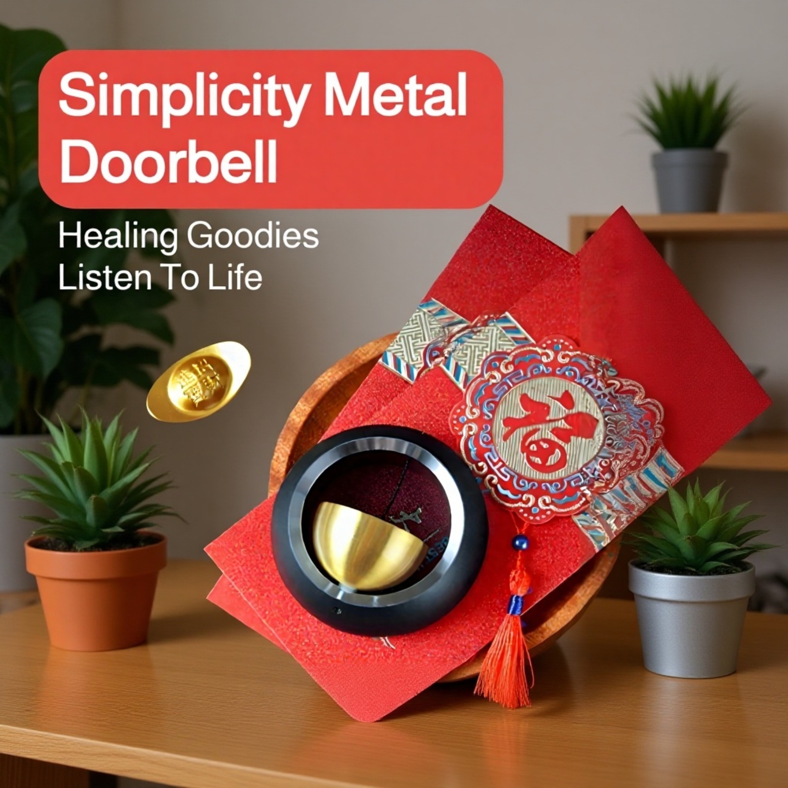 Brass entryway loud reminder doorbell close-up view