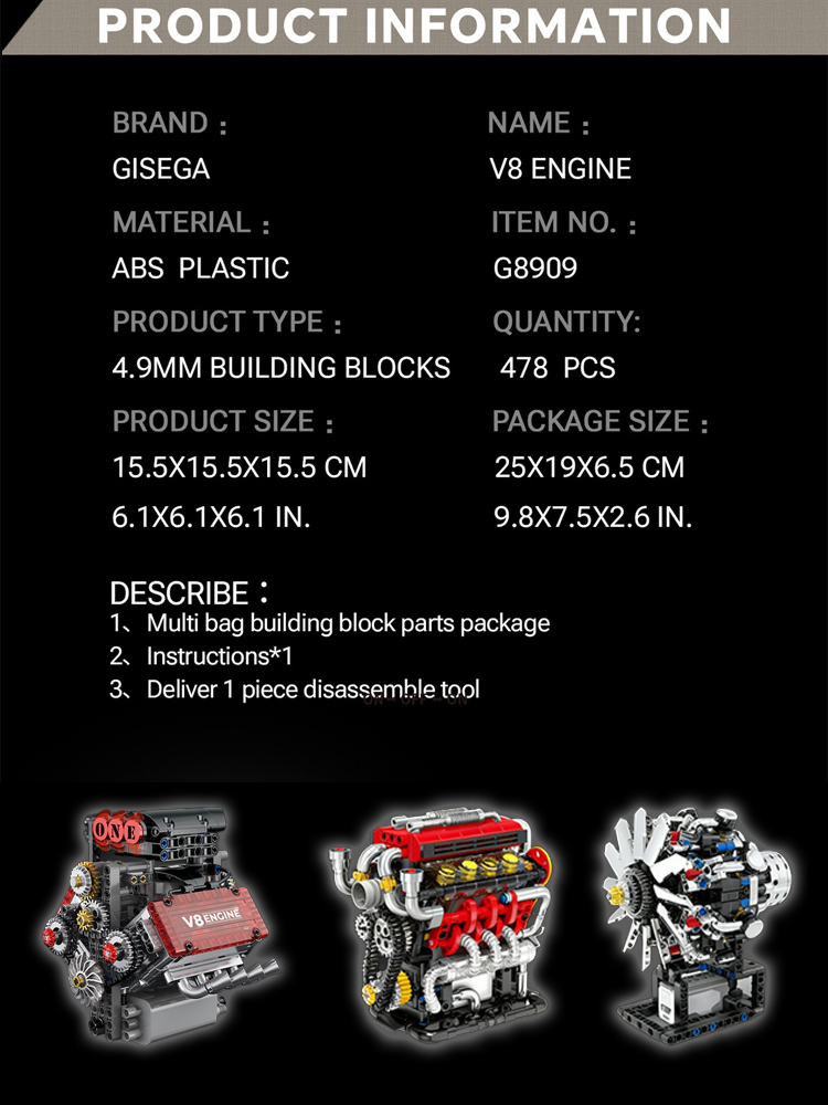 Build Your Own V8 Functional STEM Kit - Show Off Skill, Boost Confidence! 478 Pcs