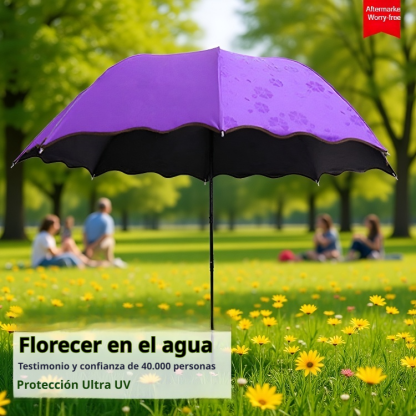 Paraguas plegable resistente al agua con diseño floral, doble capa de goma negra, para sol y lluvia