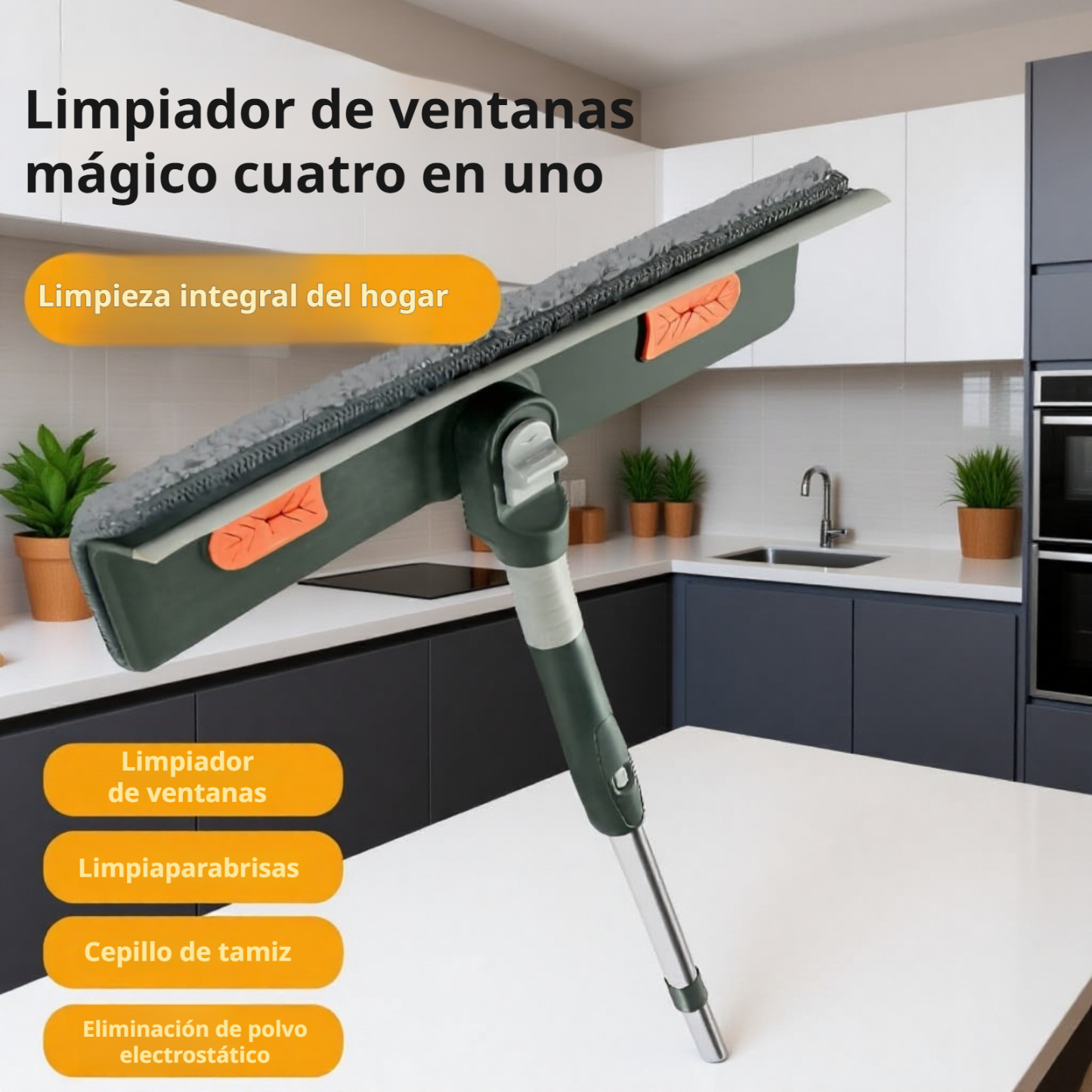 Limpiador de ventanas con barra extensible y cabezal de escurrido