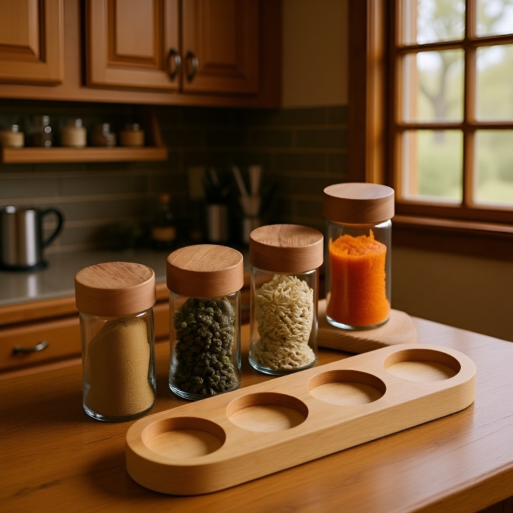 Stackable round glass jars for kitchen organization