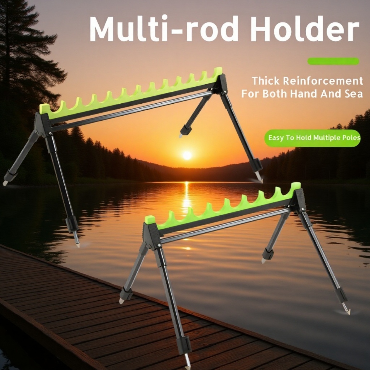 Angler using adjustable multi-hole rod holder by the lake