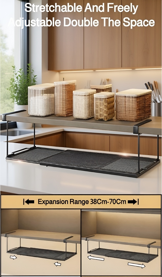 Expandable kitchen rack holding mugs and utensils