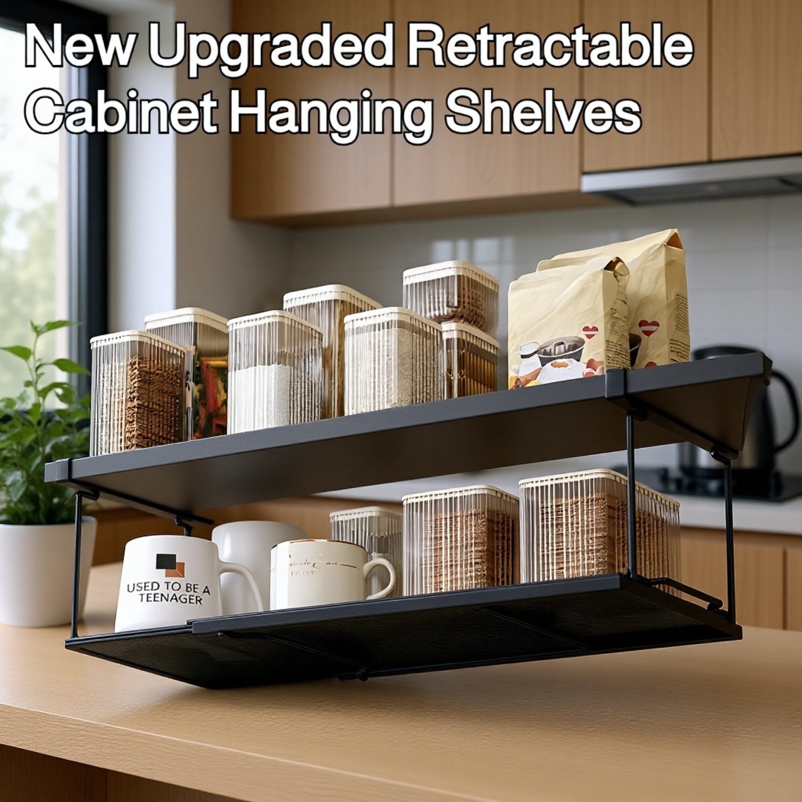Expandable under cabinet hanging rack installed in kitchen