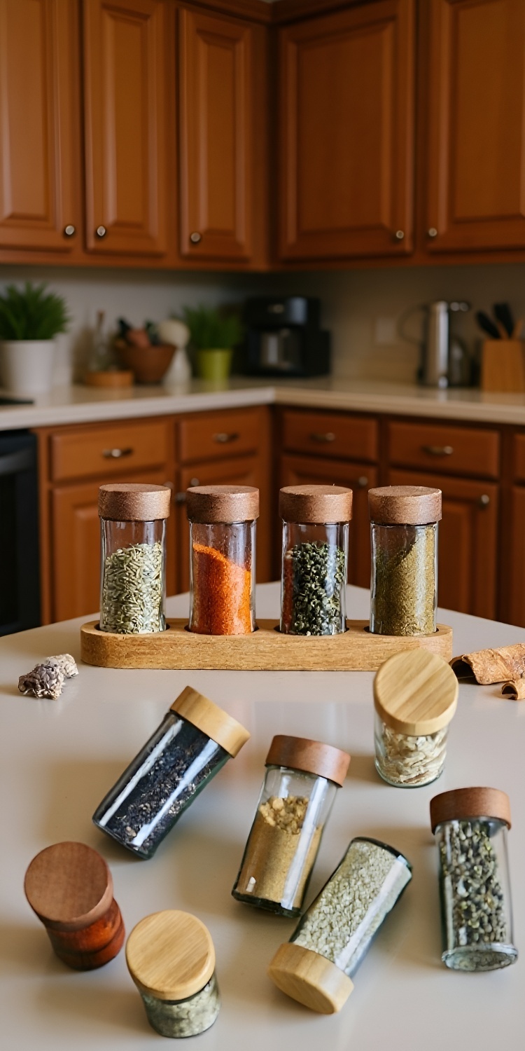 Transparent round glass jar storing spices