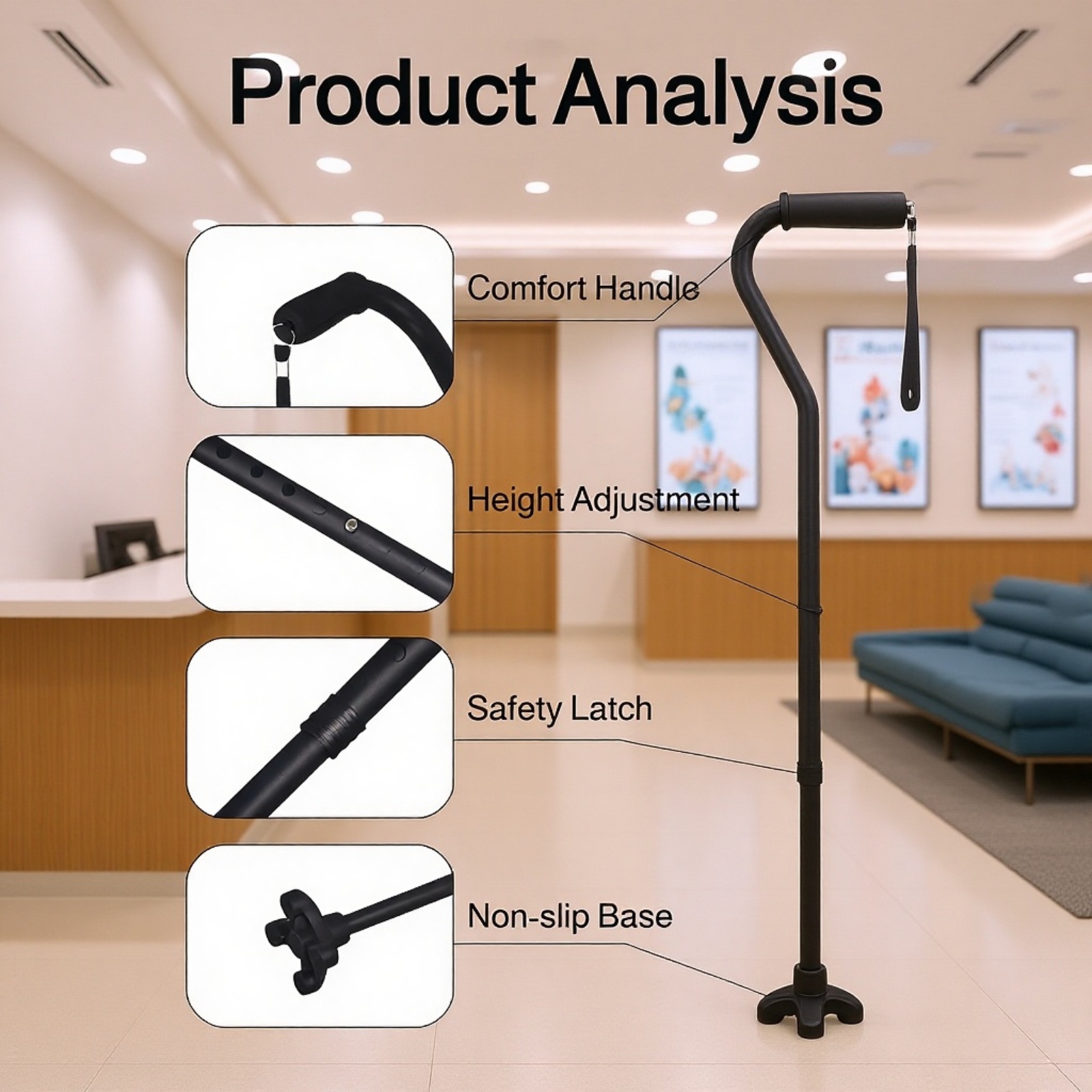 Ultra-light Adjustable Aluminum Alloy Crutch with Curved Handle