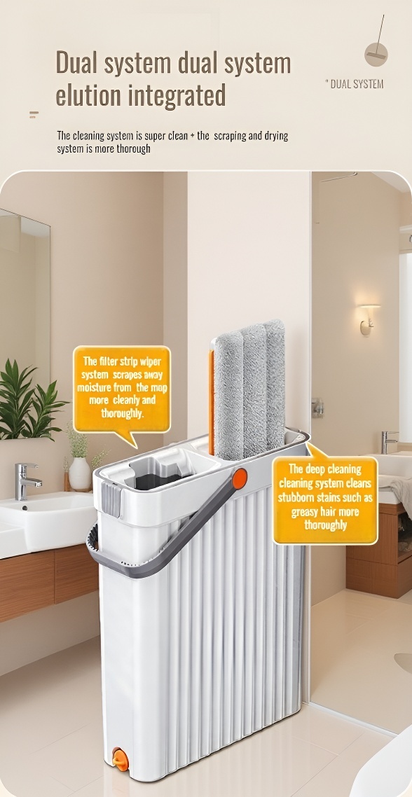 Flat mop with water-locking fiber and stainless steel handle for home cleaning