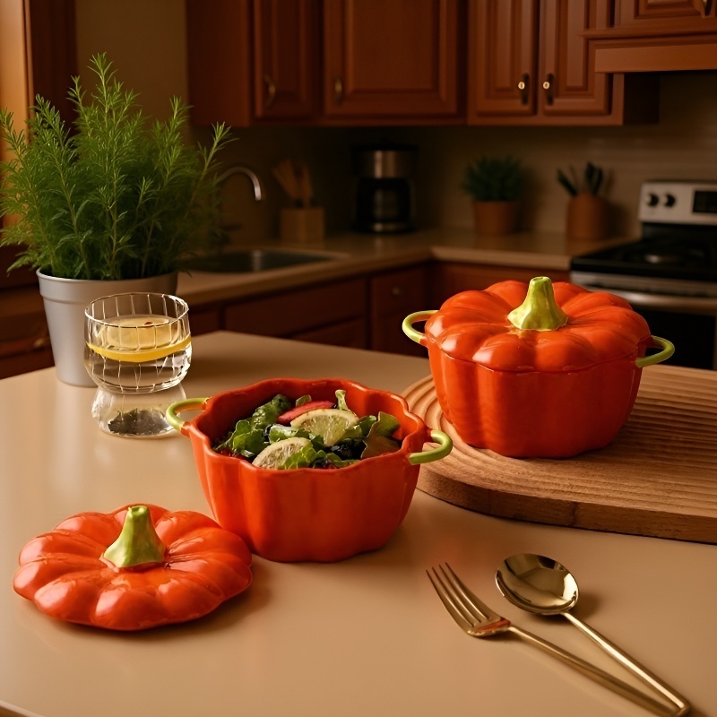 Keramická polévková miska ve tvaru dýně s víkem a dvěma uchy