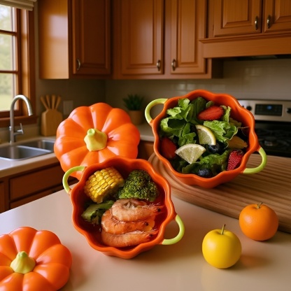 Keramická polévková miska ve tvaru dýně s víkem a dvěma uchy