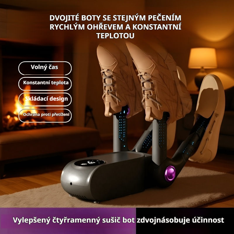 Efektivní sušička obuvi pro dva páry s antibakteriální a deodorizační funkcí
