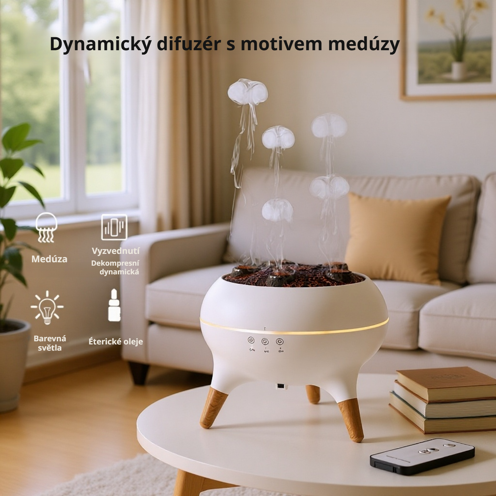 Aromadifuz&eacute;r ve tvaru med&uacute;zy s dřevěn&yacute;m dekorem na stole