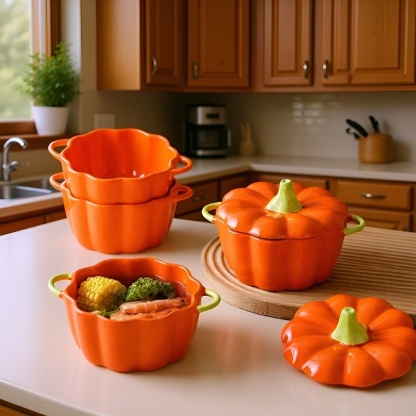 Keramická polévková miska ve tvaru dýně s víkem a dvěma uchy