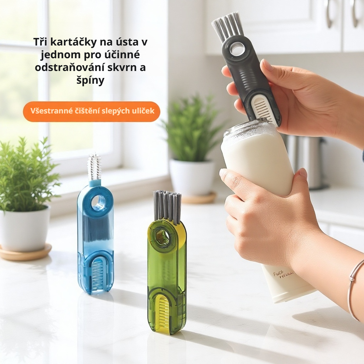  Kartáč na čištění lahví a hrnků, otočný U-tvar, do kuchyně