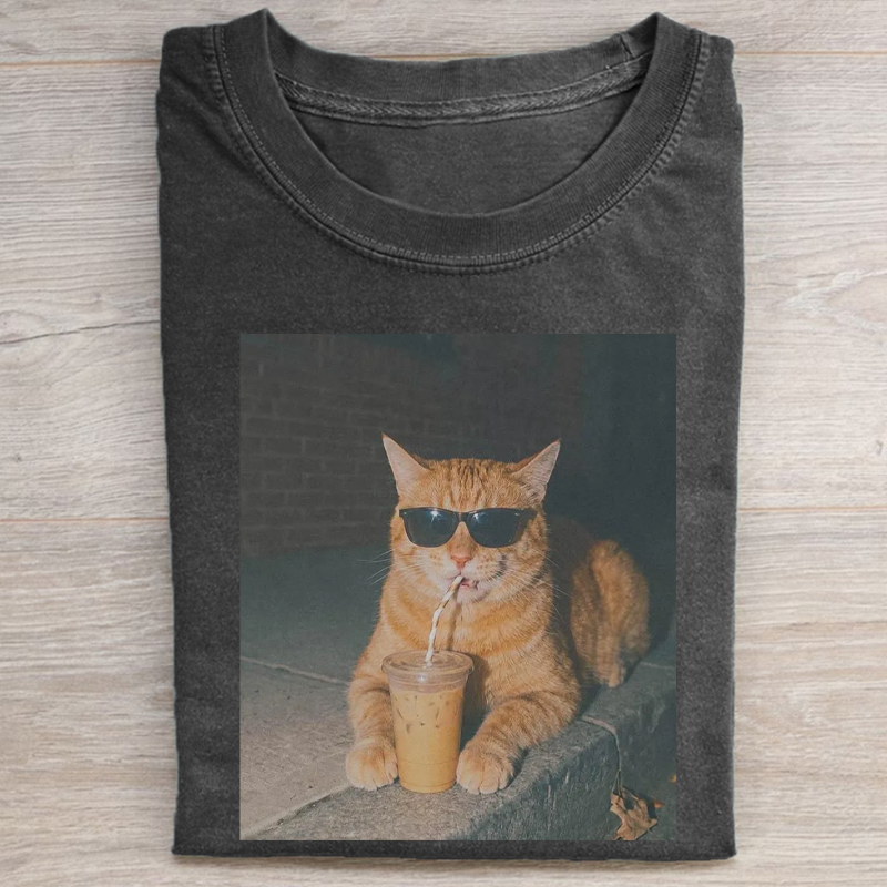 Orange Cat Drinking Iced Coffee T-shirt