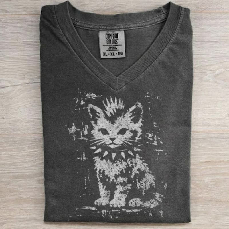 Vintage Punk Cat V-neck T-shirt