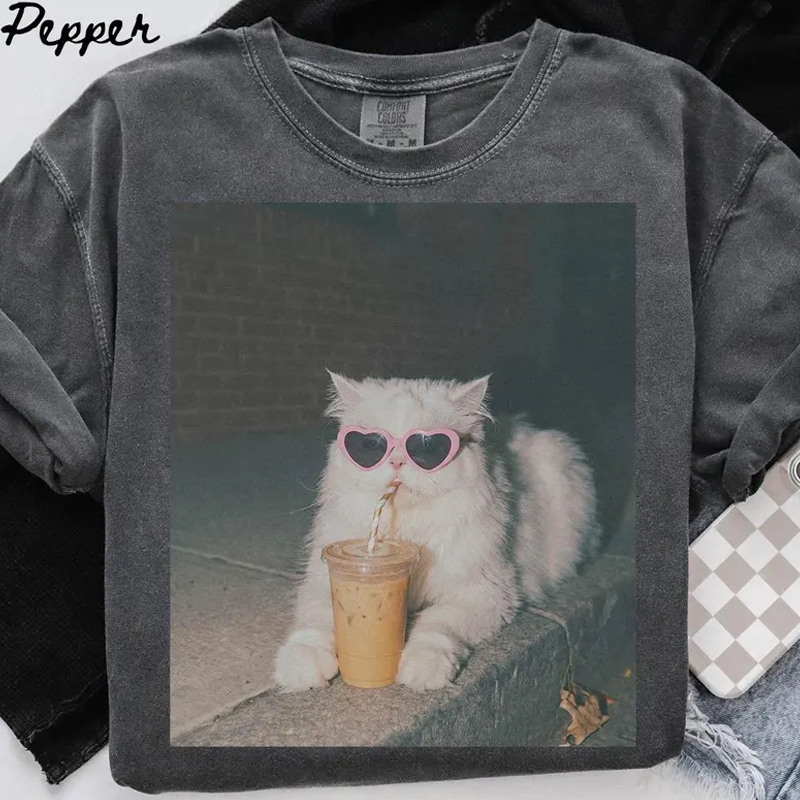 Persian Cat Drinking Iced Coffee T-shirt