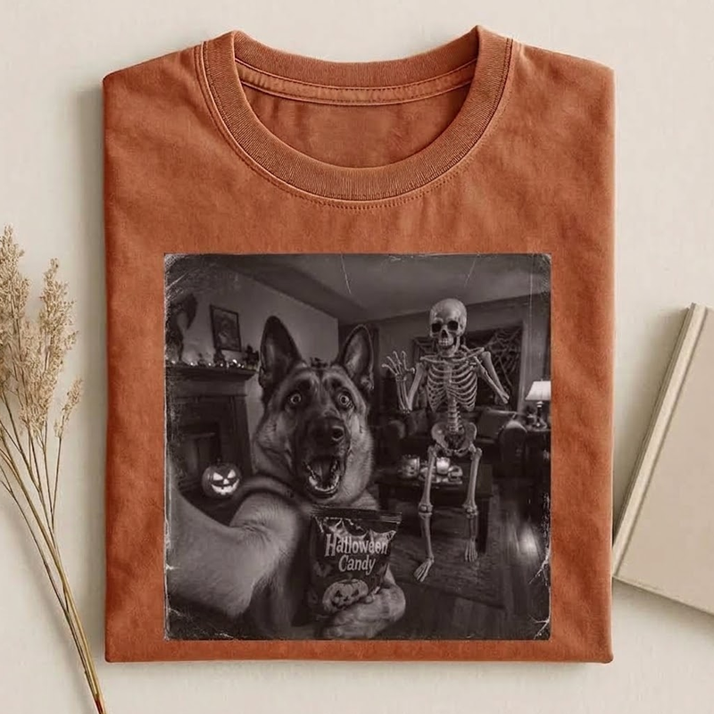 Funny Halloween Skeleton and German Shepherd T‑shirt