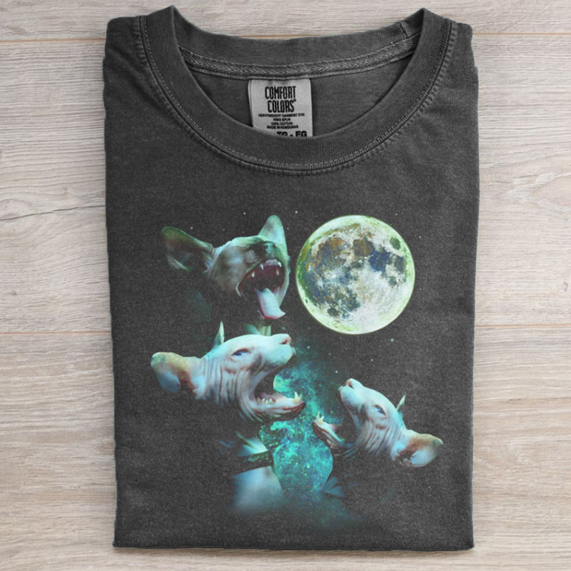 Three Hairless Sphynx Cats Howl At Moon 3 Wolfs T-shirt