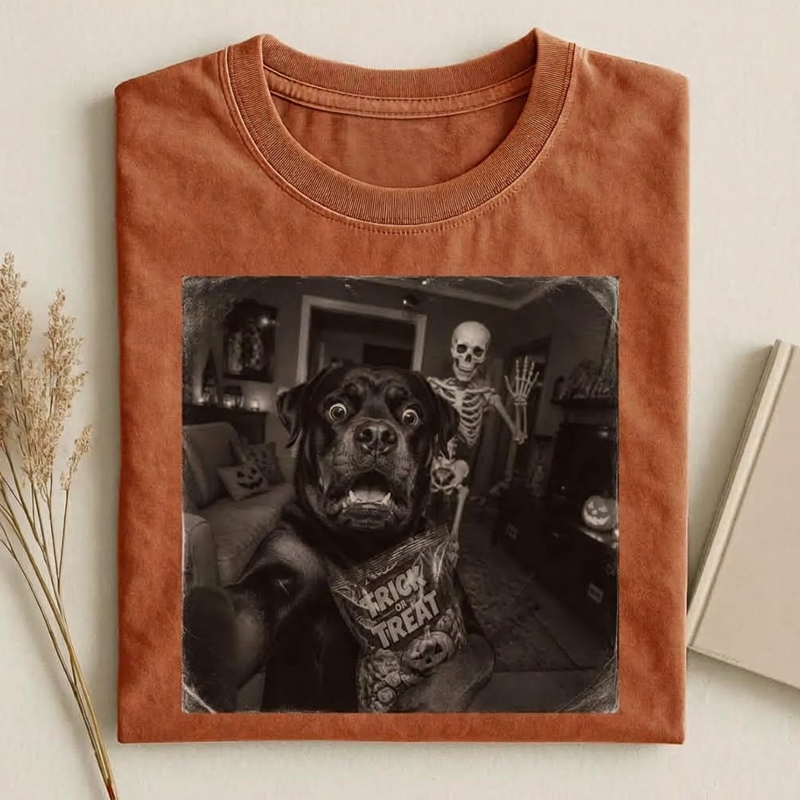 Funny Halloween Skeleton and Rottweiler T‑shirt