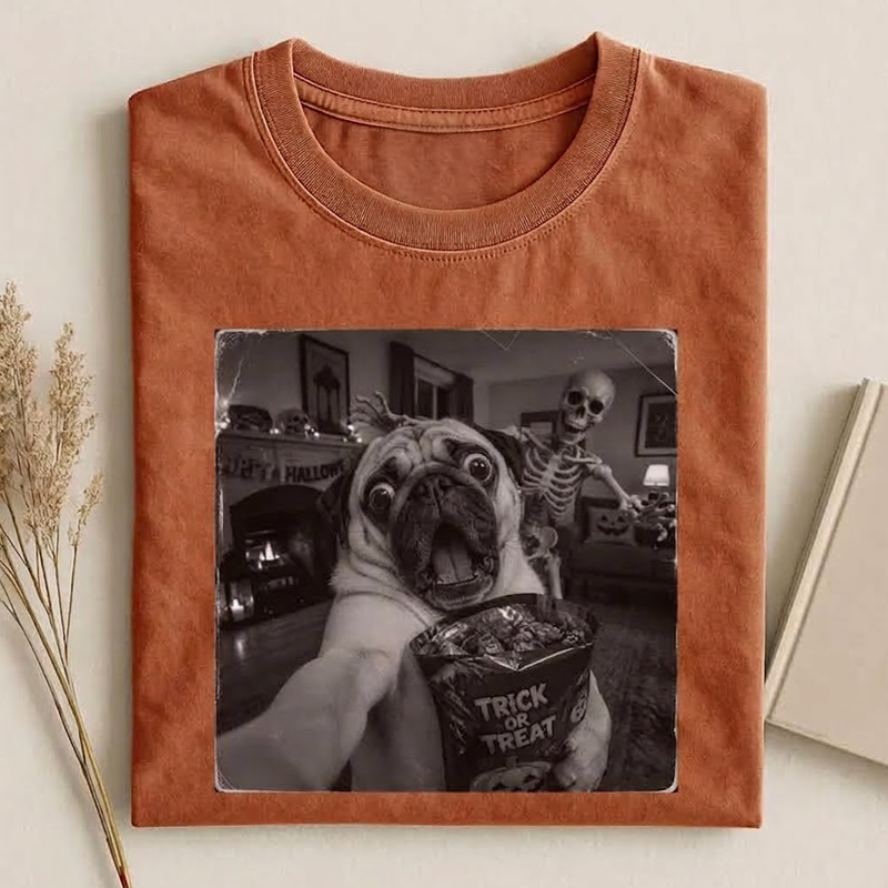 Funny Halloween Skeleton and Pug T‑shirt