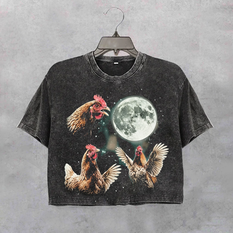 Chicken Howling at Moon Vintage 90s Graphic Cropped T-shirt