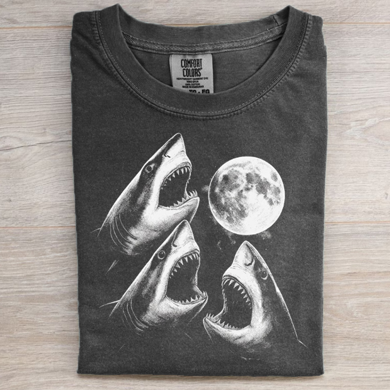 Sharks Howling To Moon Vintage Style T-shirt