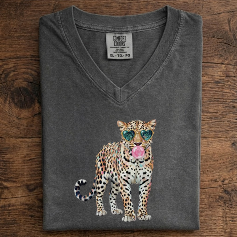 Leopard Print Bubblegum Sunglasses V-neck T-shirt