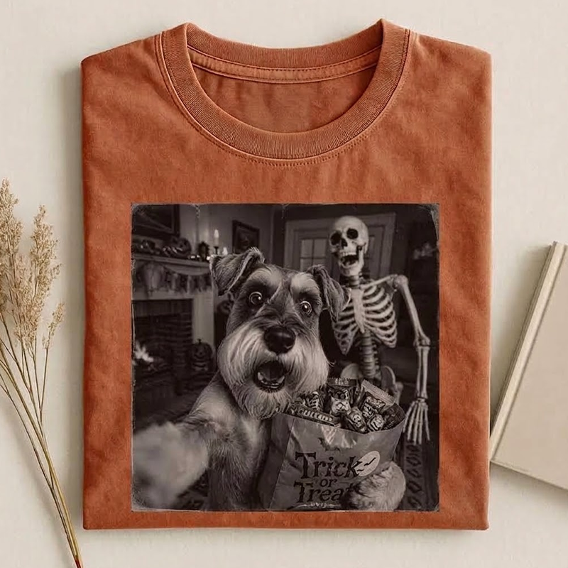 Funny Halloween Skeleton and Schnauzer T‑shirt