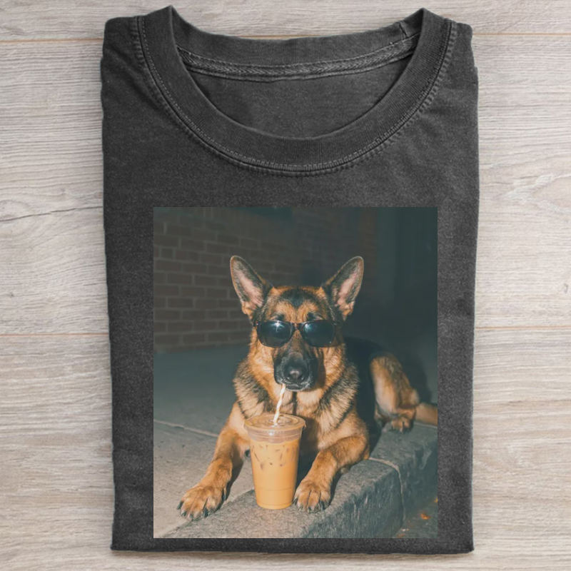 German Shepherd Dog Drinking Iced Coffee Unisex T-shirt