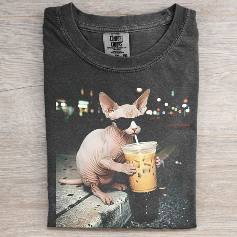 Funny Sphynx Cat Drinking Iced Coffee T-shirt