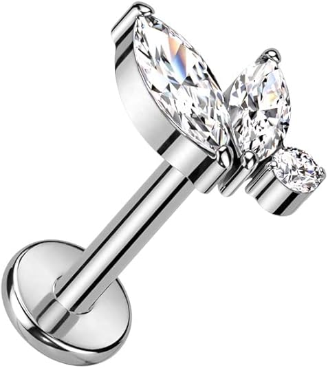 INS2046-Pierced Owl 16GA F136 Implant Grade Titanium Internally Threaded Crystal Double Marquise and Round CZ Top Labret Stud