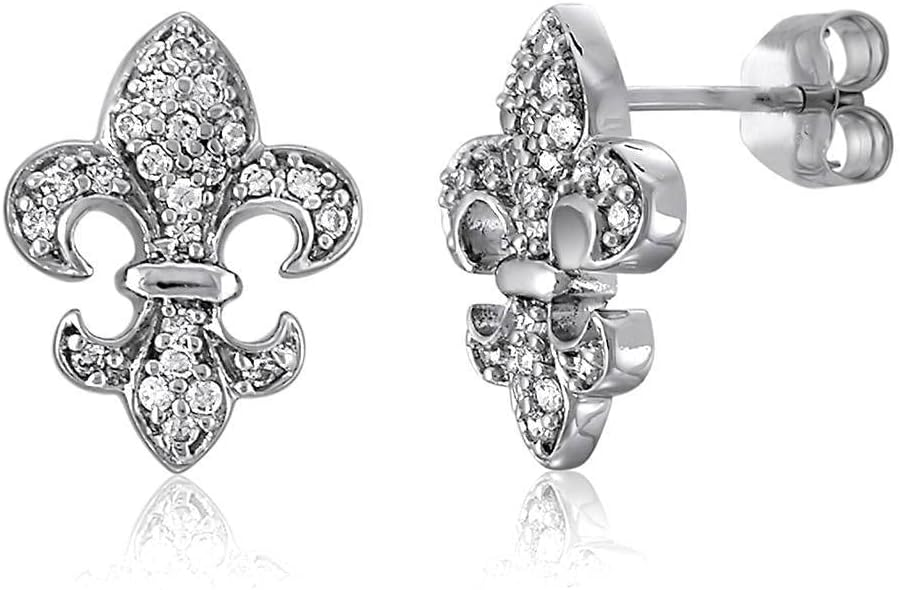 INS2060-BERRICLE Sterling Silver Fleur De Lis Stud Hoop Huggie Earrings for Women, Cubic Zirconia CZ - Gold Flashed, Hoop 0.5 inch