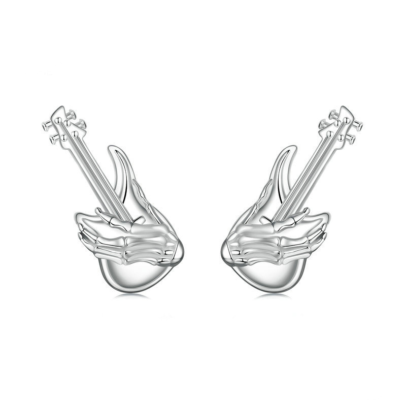 INS2220-Kokoma Skull Hand Guitar Stud Earrings for Women 925 Sterling Silver Small Bass Studs Halloween Earrings Gothic Cool Ear Jewelry for Halloween Holiday Party