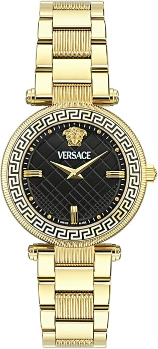 W-2041-Versace Versace Reve Collection Luxury Womens Watch Timepieces with a Gold Bracelet and Case featuring a Black Dial
