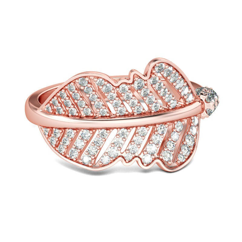 INS1251-DoubleAccent 14K Rose Gold Plated Sterling Silver Ring CZ Stone Beautiful Pave Setting Band 13mm Wide Leaves Ring (Size 5 to 9)