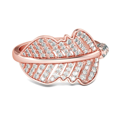 INS1251-DoubleAccent 14K Rose Gold Plated Sterling Silver Ring CZ Stone Beautiful Pave Setting Band 13mm Wide Leaves Ring (Size 5 to 9)