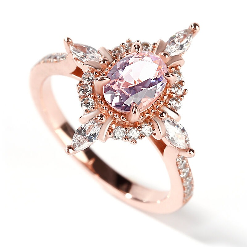 INS1068-DINESH STORES Morganite Halo Engagement Ring, 925 Sterling Silver, 14k Rose Gold Plated, Round Cut, Size 4-14