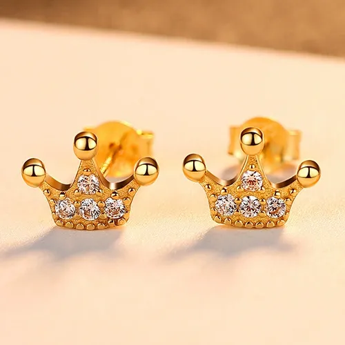 INS2028-Gem Stone King 10K Yellow Gold White Lab Grown Diamond Royal Crown Stud Earrings For Women