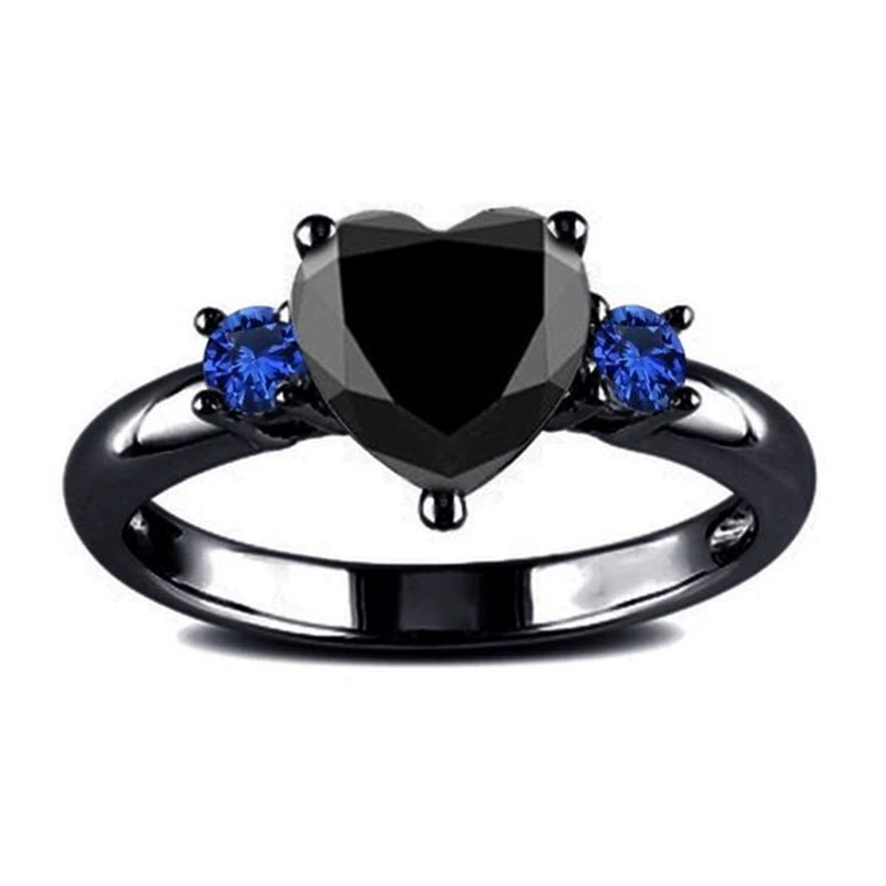 INS1022-DOCCESTU Black Gold Plated Heart Ring Black Onyx Single Stone Ring Women's Heart Ring Round Cut Blue Sapphire Engagement Ring Black Spinel Heart Single Stone Ring Size 7